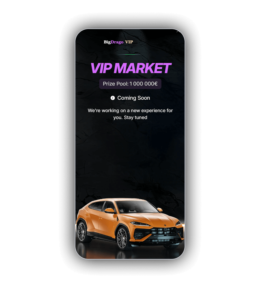 Οθόνη BigDrago VIP μέσα στο Shop με τίτλο VIP MARKET σε μωβ γράμματα, ένδειξη Prize Pool 1.000.000 €, μια απλή σκούρα επιφάνεια και ένα πορτοκαλί SUV στο κάτω μέρος