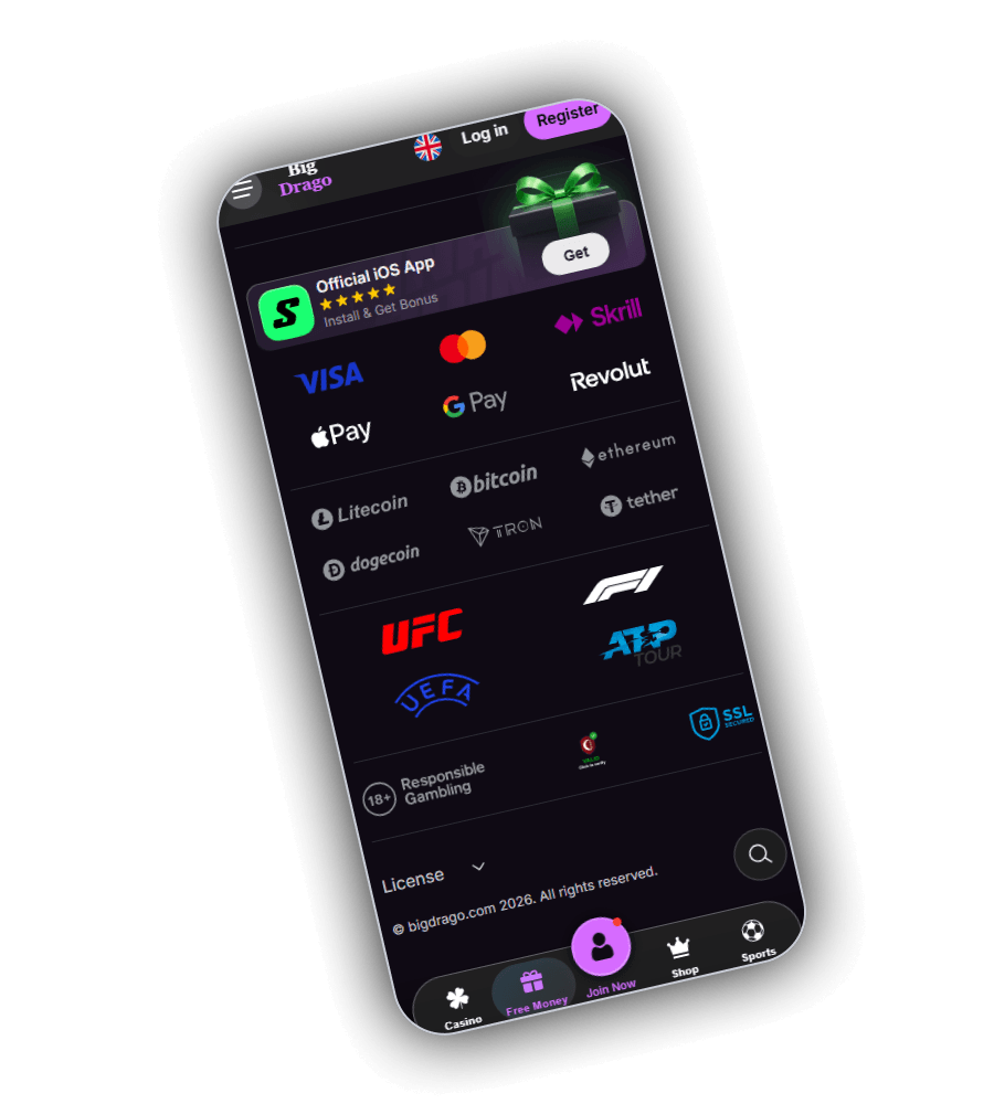 Υποσέλιδο της BigDrago σε κινητό με το πλαίσιο Official iOS App και το κουμπί Get, λογότυπα Skrill, Mastercard, Visa, Revolut, Google Pay, Apple Pay, Litecoin, Bitcoin, Ethereum, Tether, Tron και Dogecoin, αθλητικά λογότυπα UFC, F1, ATP Tour και UEFA, σήματα 18+ Responsible Gambling και SSL Secured και το μενού License