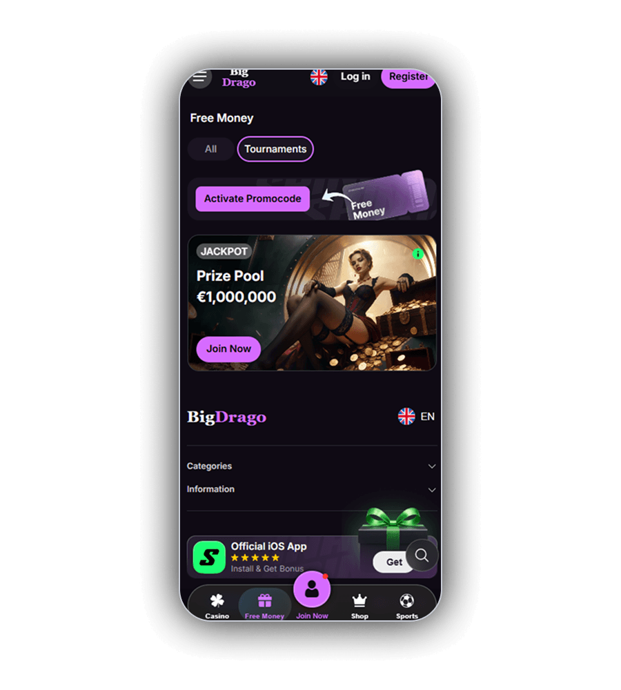 Οθόνη Free Money της BigDrago με τα φίλτρα All και Tournaments, το κουμπί Activate Promocode με μωβ εισιτήριο Free Money, την κάρτα JACKPOT με Prize Pool 1.000.000 € και κουμπί Join Now, και από κάτω το υποσέλιδο με τα μενού Categories και Information και το πλαίσιο Official iOS App
