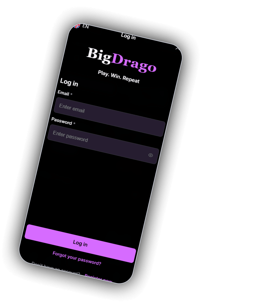 Οθόνη σύνδεσης της BigDrago σε κινητό με σημαία EN, τίτλο Log in, λογότυπο BigDrago και σύνθημα Play. Win. Repeat, πεδία Email και Password με εικονίδιο ματιού, μωβ κουμπί Log in και τους συνδέσμους Forgot your password και Register now